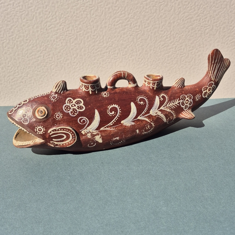 Peruvian Style Folk Art Fish Candle Holder - Handcrafted Brown Clay Ceramic